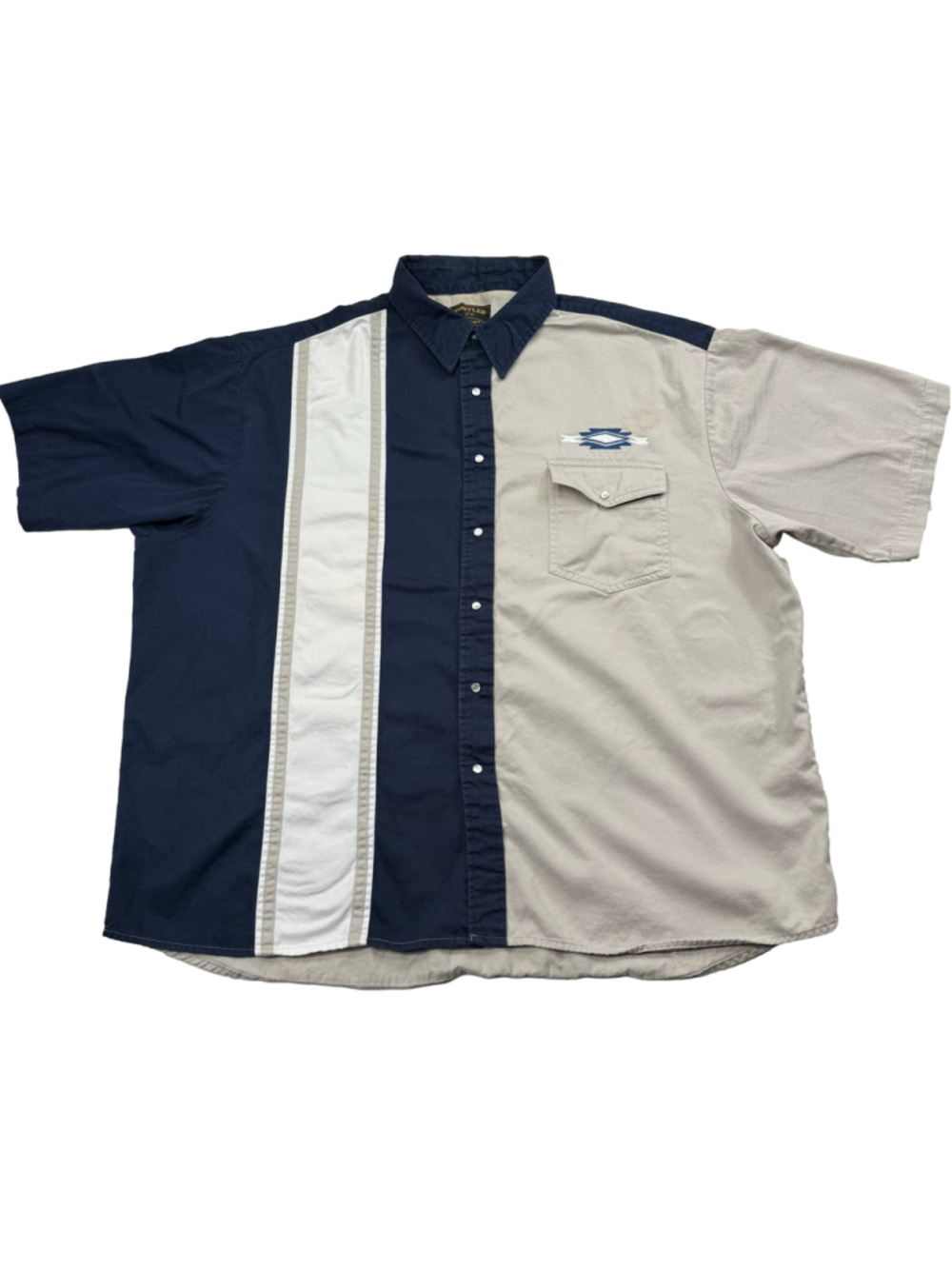 VTG Y2K Workwear Wrangler 2XL Two Tone Western Shirt Blue Cream Panel Button Up